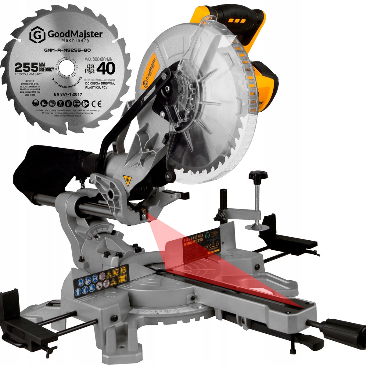 Piła ukośnica z posuwem laser pilarka ukosowa Kapówka 2000W 255mm GMM-MS255 przecinarka do cięcia poprzecznego