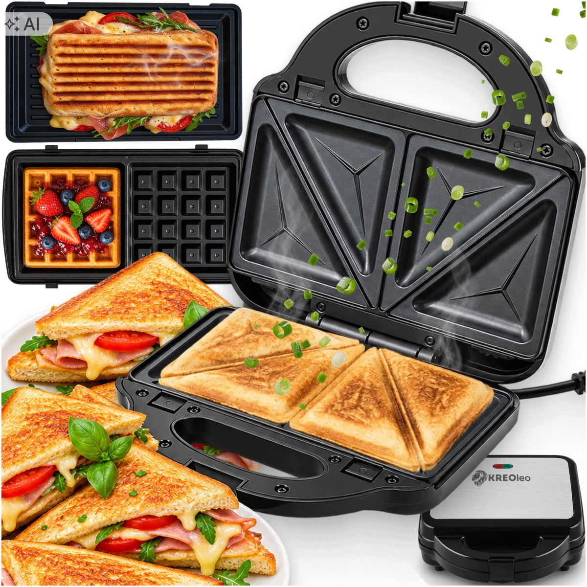 Opiekacz do kanapek panini grill toster elektryczny gofrownica 3W1 mocny nominalna czarny