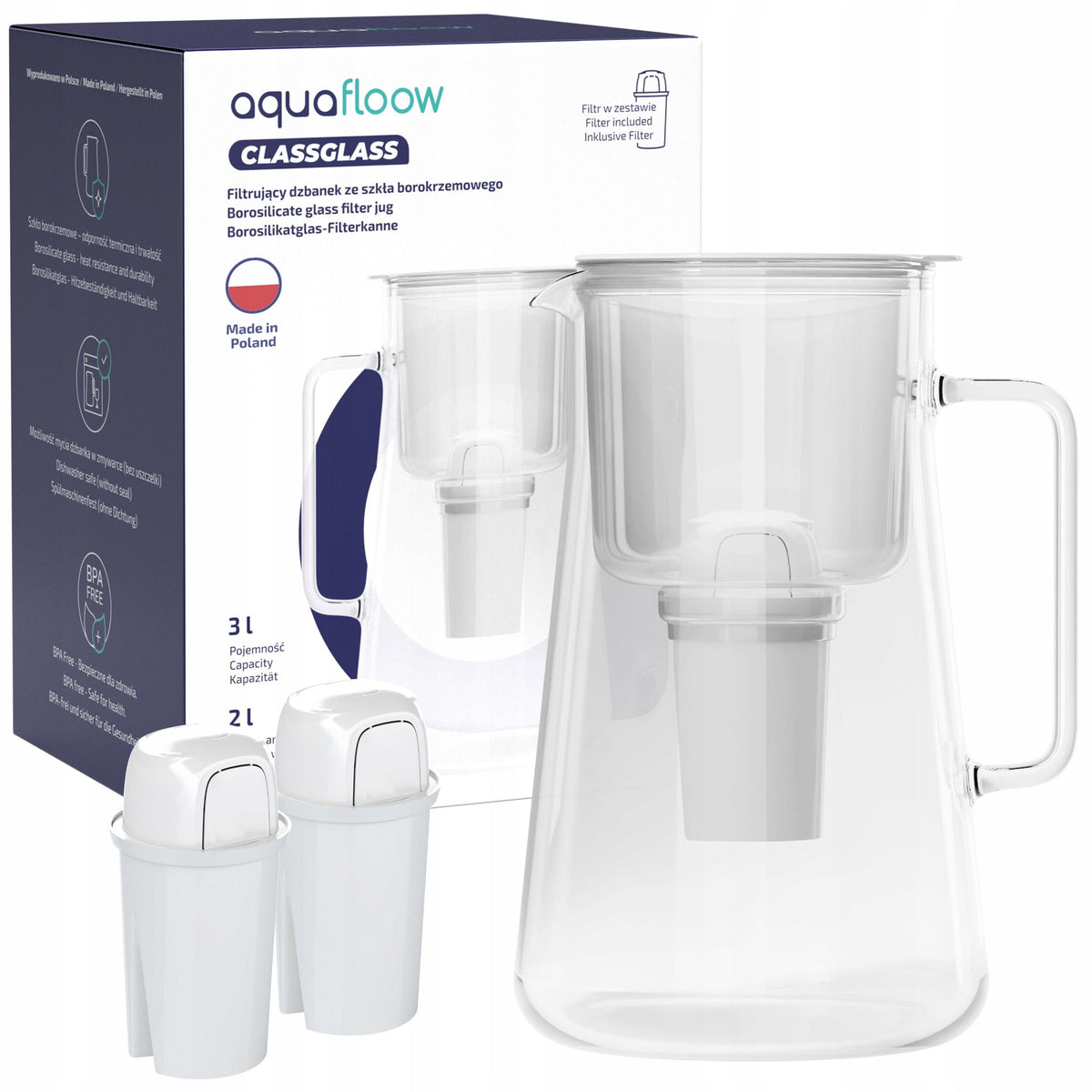Dzbanek filtrujący szklany AquaFloow ClassGlass 3l + 3x filtr wody Class biały