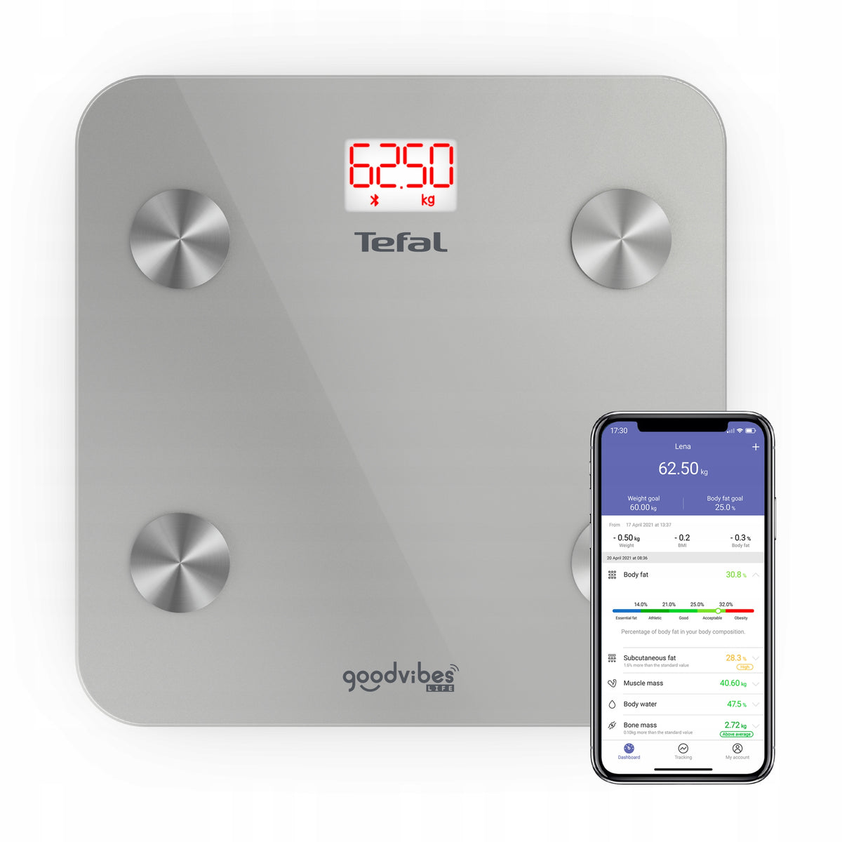Waga łazienkowa analityczna Tefal Goodvibes BM9600 BMI pomiar tłuszczu elektroniczna srebrny/szary