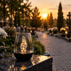 Lampa solarna LED na grób czarna lampion efekt płomienia cmentarz znicz nagrobny, dekoracja mogiły, wysokość 10 cm