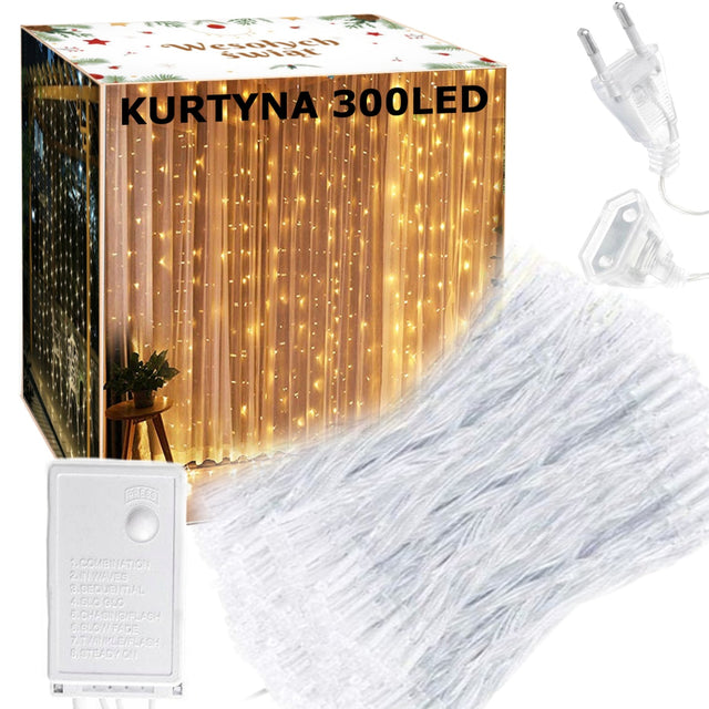 Kurtyna świetlna 300LED 3x3m Mocne Grube Przewody - białe ciepłe -Na Wesele