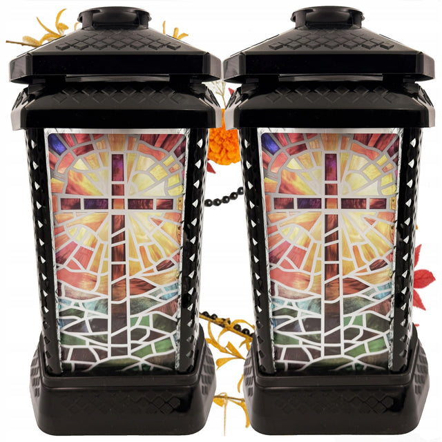 2x znicz duży szklany ozdobny na grób na cmentarz lampion witraż + wkład parafinowy, długopalący ponad 75 godzin, wysokość 29 cm