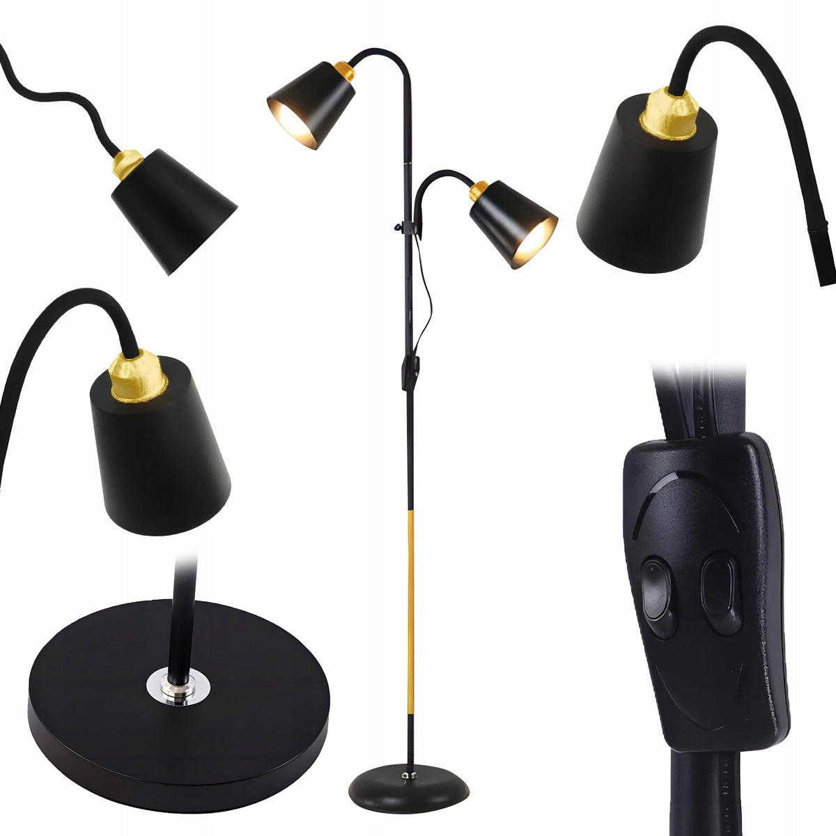 Lampa stojąca podłogowa DO CZYTANIA DO SALONU E27 REGULACJA 2 LAMPY 190CM czarne oświetlenie do biura sypialni jadalni