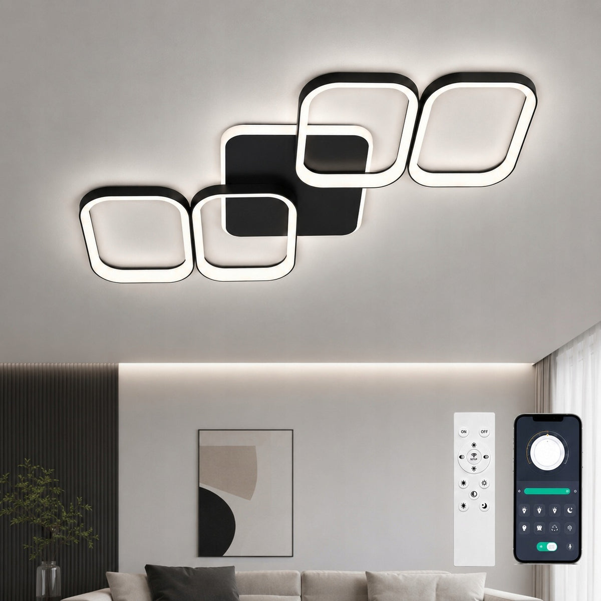 Kwadratowa lampa sufitowa LED 3000-6500K ściemniana 72 w z pilotem, czarny plafon do pokoju, regulacja barwy światła