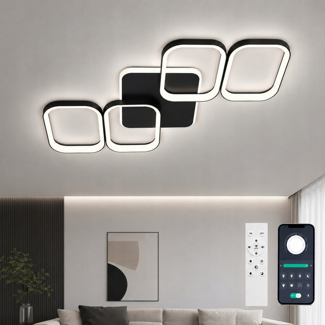 Kwadratowa lampa sufitowa LED 3000-6500K ściemniana 72 w z pilotem, czarny plafon do pokoju, regulacja barwy światła, 78,3 x 26 cm