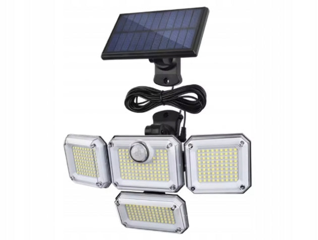 Lampa solarna LED 333 LED 4 panele pilot czujnik ruchu PIR panel zewnętrzny reflektor na podjazd garaż ogród 800 lm 8 w zimna biel