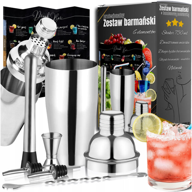 Profesjonalny zestaw barmański do drinków shaker 6 elementów + szejker koktajlowy, do przygotowania koktajli, pojemność 750 ml
