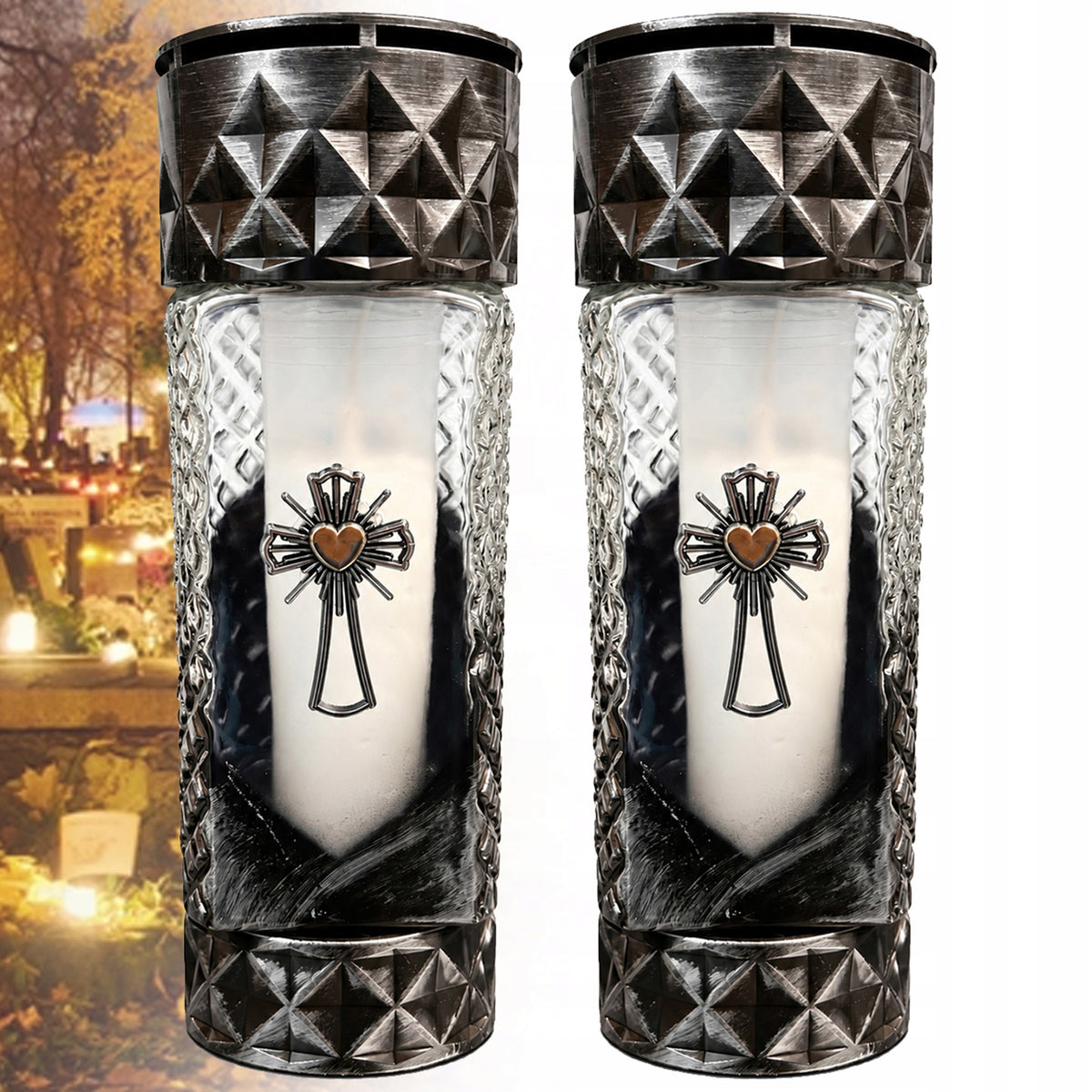 2x duży znicz na cmentarz grób ozdobny lampion klasyczny 29cm srebrny lampka nagrobna, parafinowy, ponad 75 godzin