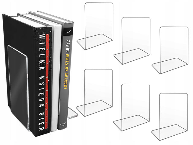6 x podpórki do książek stojak na książki Plexi (pleksi) 2mm Przezroczyste Ograniczniki regałowe, do biblioteczki, komplet 6 sztuk