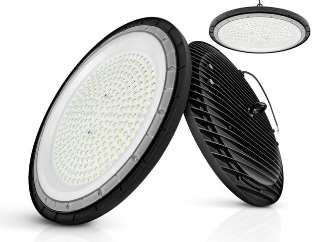 Lampa Przemysłowa LED High Bay UFO 200W 6000K 22400lm IP65 na magazyn halę oprawa do warsztatu i fabryki, czarna, zintegrowane źródło światła