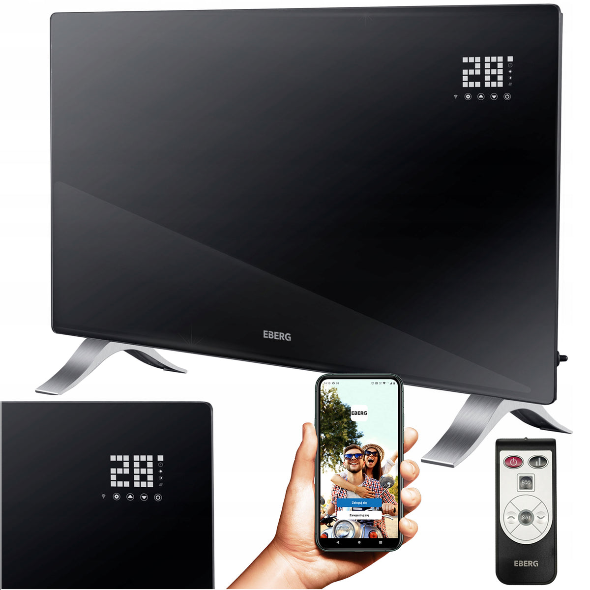 Grzejnik elektryczny konwektorowy szklany EVI aż 2400W energooszczędny+WiFi 835 mm 450 mm grzewcza czarny