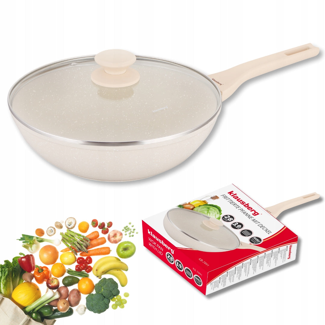 Patelnia WOK 28 cm z Pokrywką Kremowa Indukcja GAZ Non-Stick Klausberg 7991 marmurowa powłoka, do dań azjatyckich