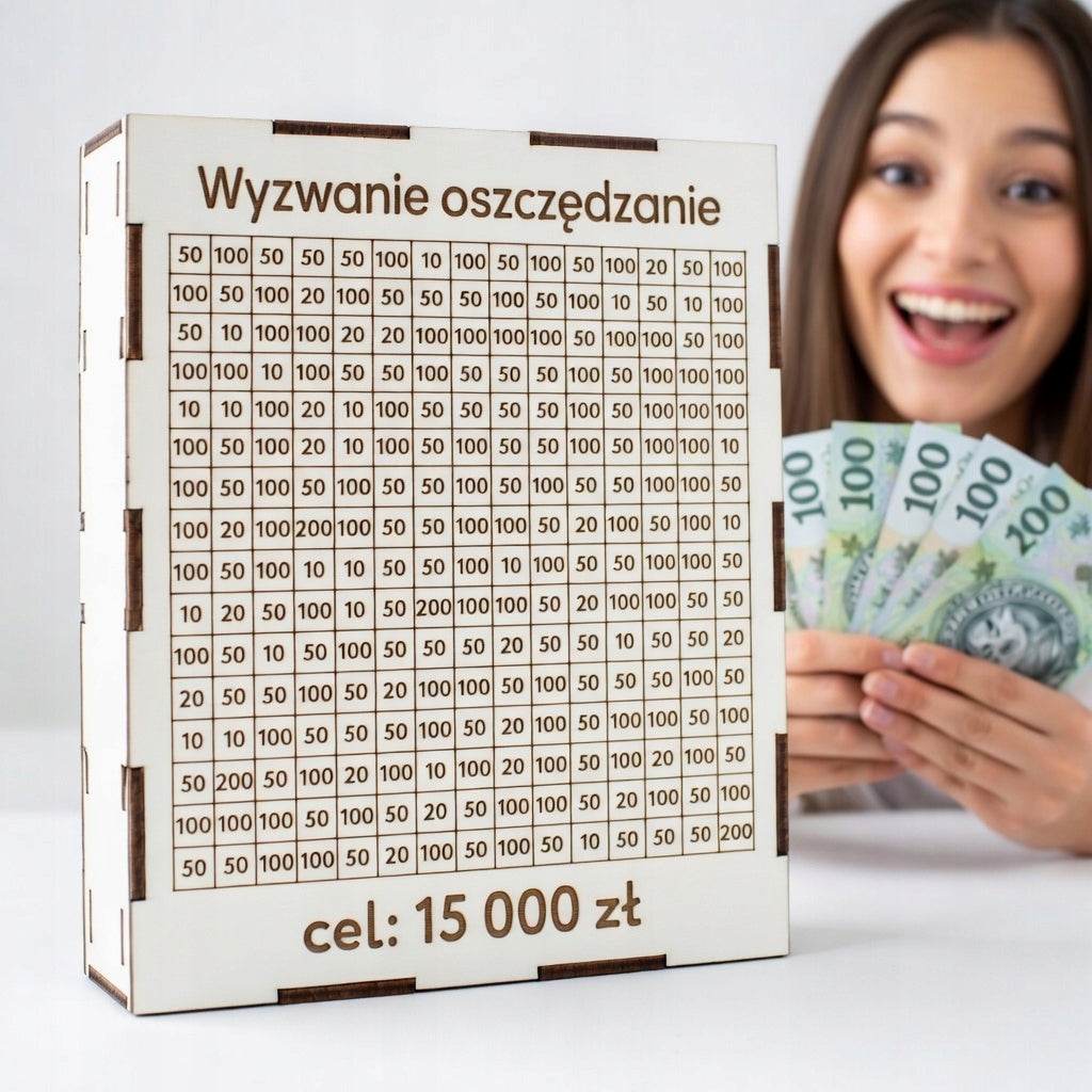 Skarbonka Wykreślana BIAŁA 15000 zl – Wyzwanie Oszczędzanie, Już Zmontowana pojemnik na pieniądze z grawerem, prezent