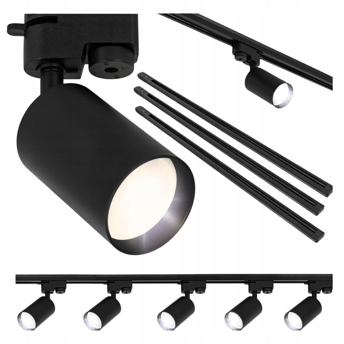 Oświetlenie Szynowe Listwa 3m Reflektor Lampa 5x GU10 Szynoprzewód 3x 1m system sufitowy czarny oprawy na żarówki bez