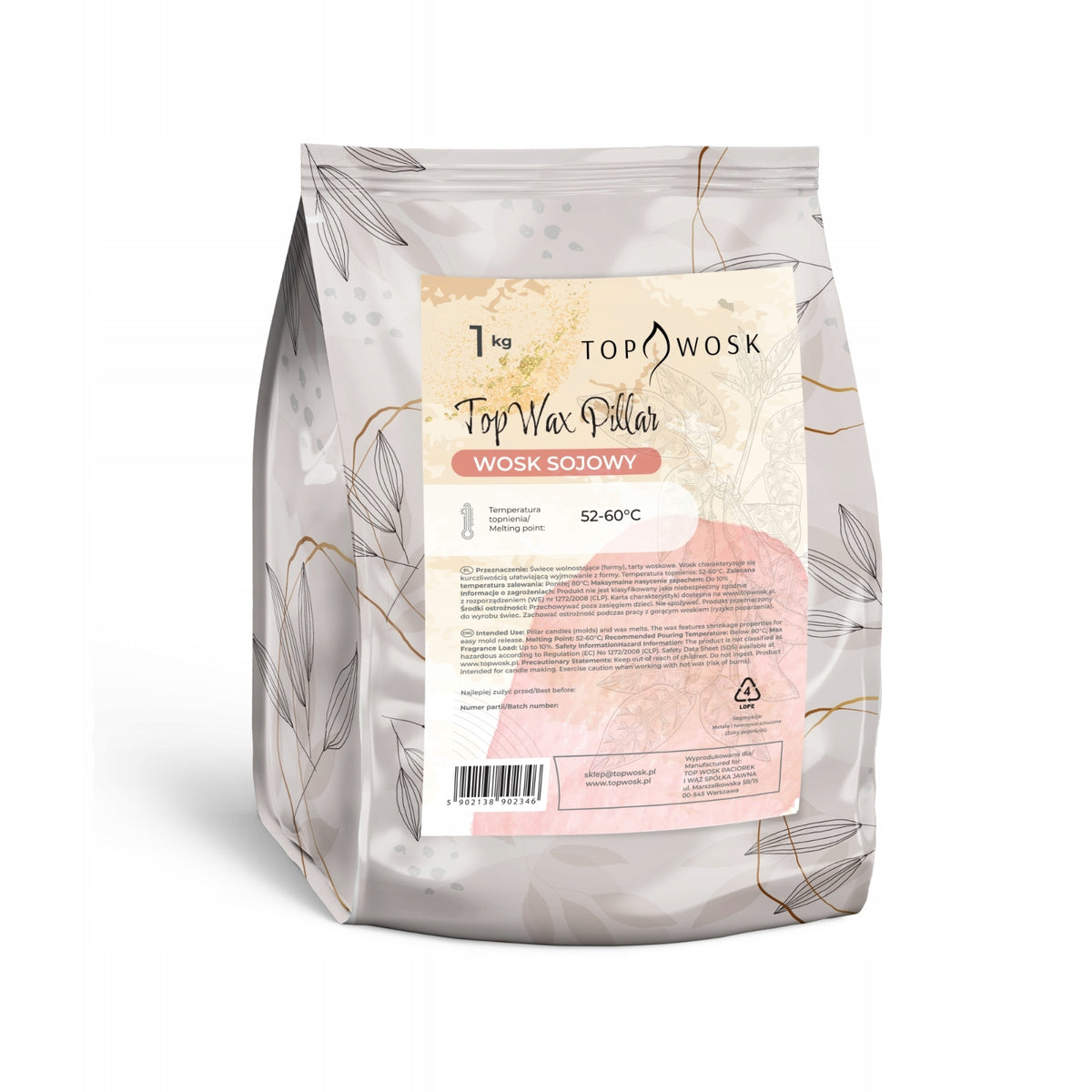 Wosk sojowy TopWax Pillar 1 kg do świec wolnostojących masa odlewnicza, surowiec do rękodzieła, odlewy z form
