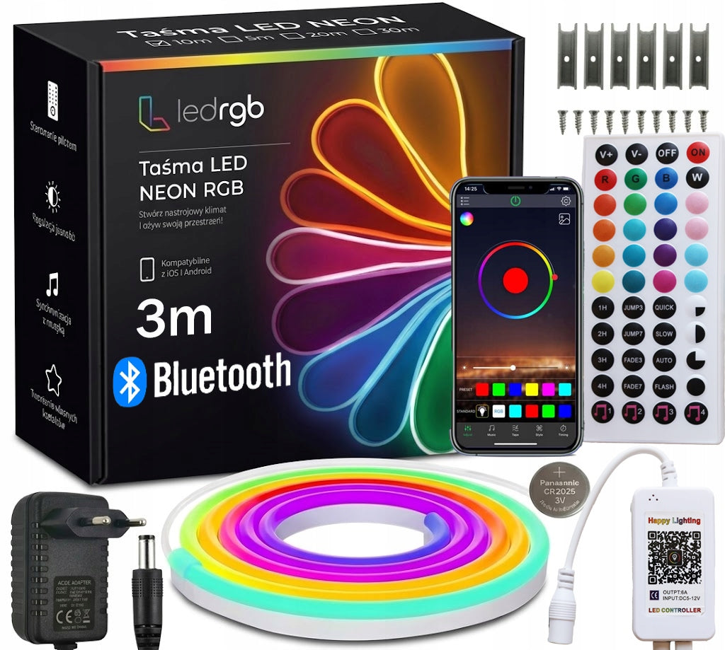 Zestaw taśma LED neon 3m RGB (1x3) aplikacja bluetooth pilot zasilacz IP67 oświetlenie dekoracyjne kolorowe 24V 1200 lm