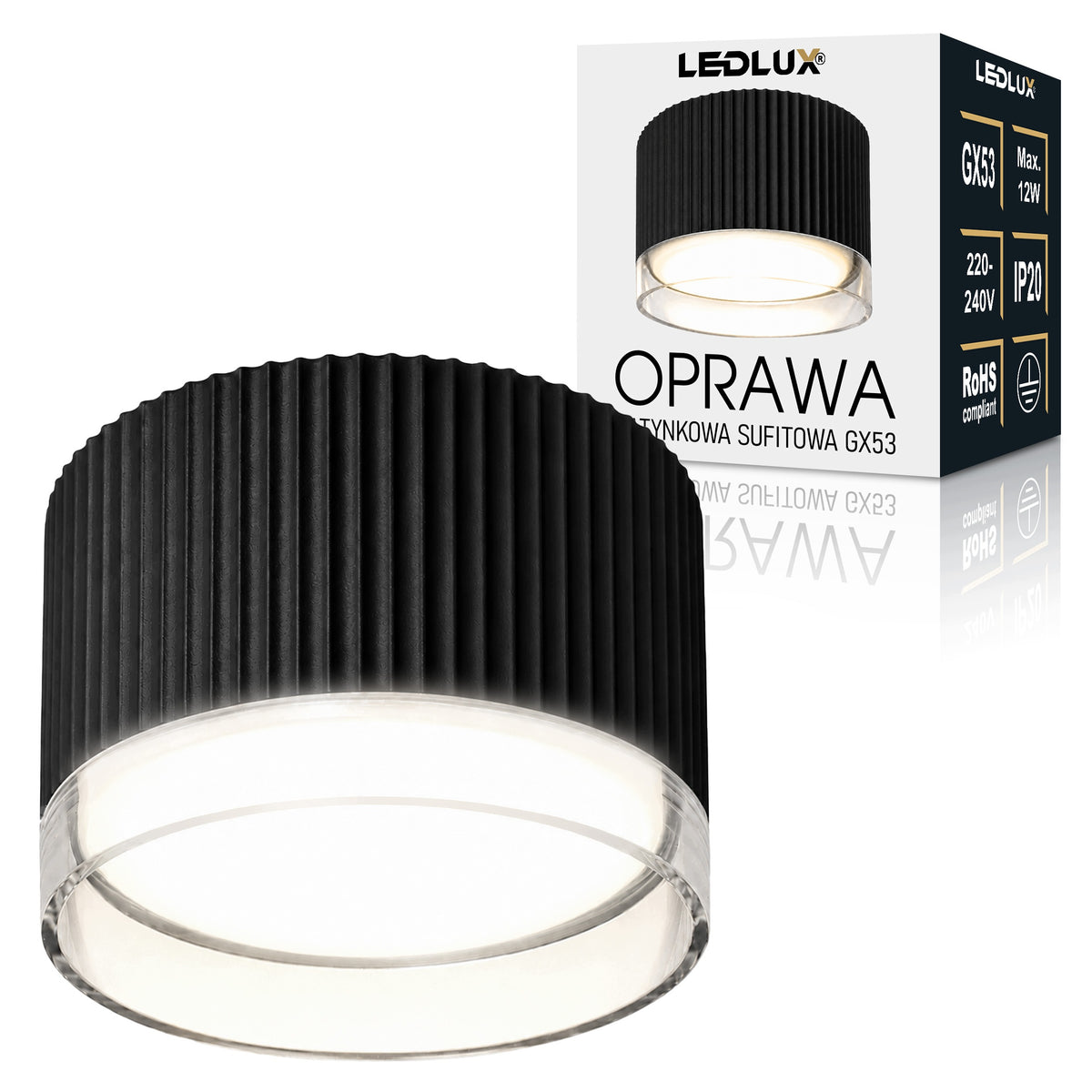 Oprawa Halogenowa GX53 Lampa Sufitowa TUBA LED Natynkowa Ryflowana czarny plafon punktowy okrągły do wnętrz
