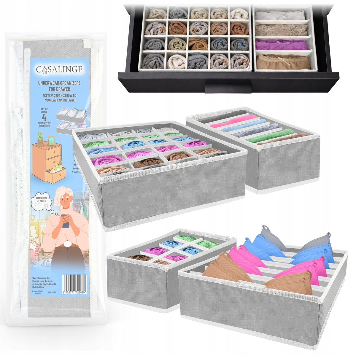 Organizer Na Bieliznę Ubrania Skarpetki Spodnie Do Szuflady Szafy zestaw wkład komodowy, przegródki na odzież, 4