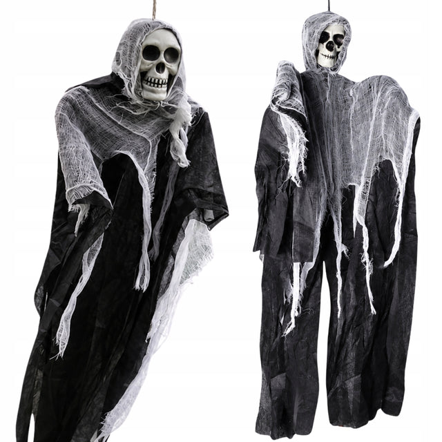 Duży wiszący duch dekoracja szkielet czarny wiszący halloween czarny 85cm ozdoba na imprezę tematyczną, straszydło do domu, upiorna postać
