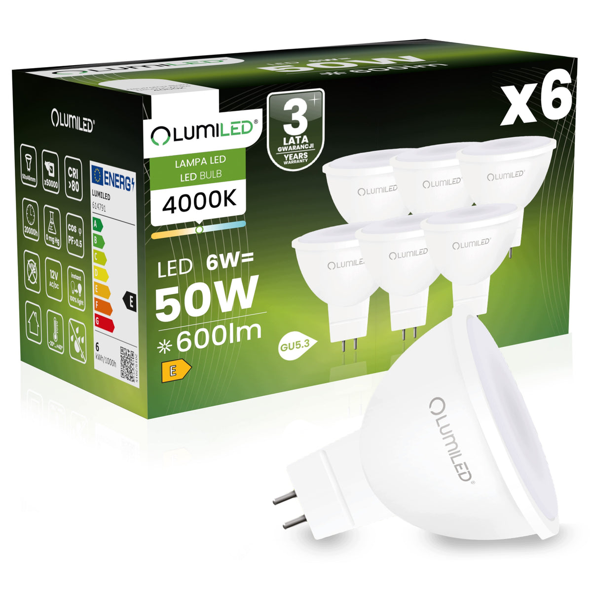 6x Żarówka LED GU5.3 Reflektor MR16 6W = 50W 600lm 4000K 120° lumiled lampa punktowa do opraw, zamiennik halogenu