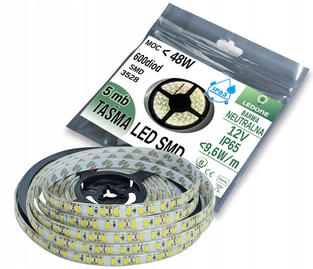 Taśma LED SMD 2835 600 5m dzienna IP65 wodoodporna pasek świetlny, oświetlenie dekoracyjne, neutralna barwa biała, zasilanie 12V, do podświetlenia