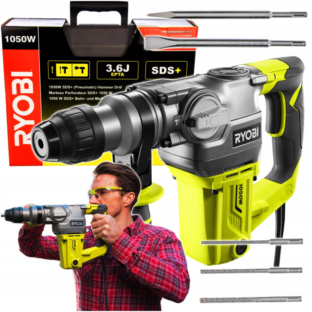 Ryobi młot udarowy młotowiertarka 1050W 3,6J RSDS1050-K +walizka+dłuta do betonu SDS Plus wiercenie i kucie zasilanie