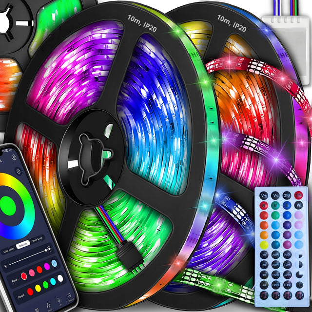 Taśma LED RGB 20m Ledy 5050 Listwa rgbw 230v 12v mocna na pilota aplikacja pasek świetlny do wnętrz, oświetlenie dekoracyjne, 1001 lm, IP20