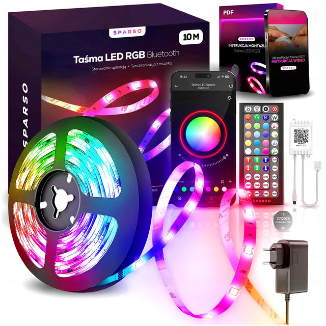 Taśma LED RGB 10m ledy 230V 12V z pilotem Bardzo mocna zestaw + aplikacja oświetlenie dekoracyjne wielokolorowe do wnętrz 36 w IP20