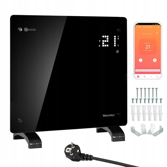 Grzejnik elektryczny łazienkowy szklany konwektorowy WiFi 1kW EGW-10C 520 mm 470 mm grzewcza czarny
