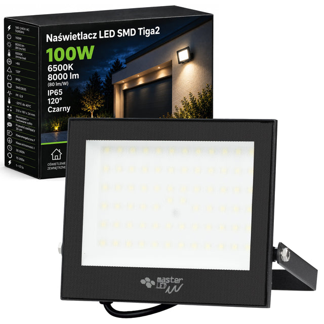 Halogen LED naświetlacz lampa 100W 6500K zewnętrzny IP65 do garażu mocny reflektor 8000 lm, zimna biała barwa, oświetlenie posesji i elewacji
