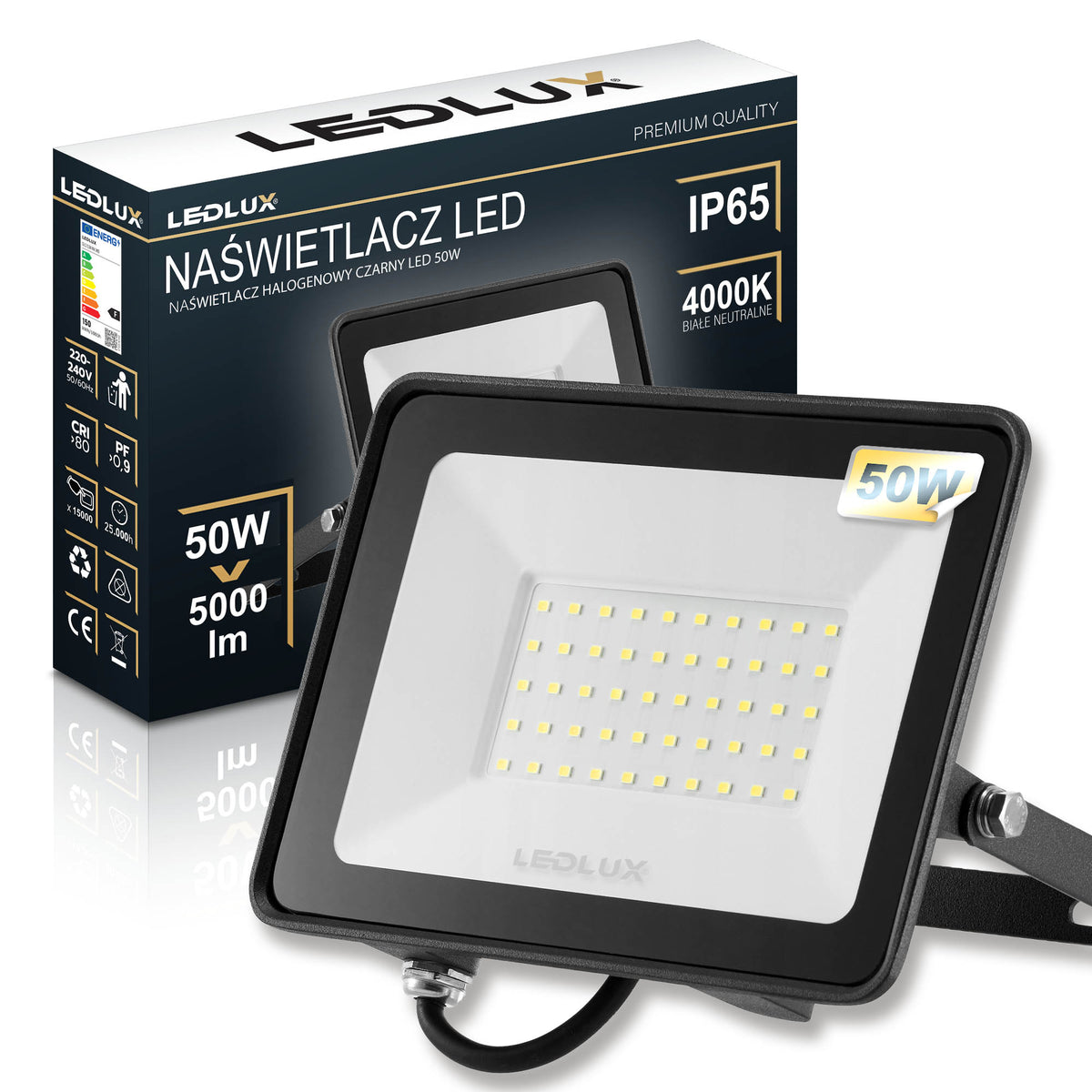 Halogen Lampa Naświetlacz LED SMD 50W IP65 premium reflektor zewnętrzny 4500 lm 6000 K do ogrodu, elewacji i podjazdu
