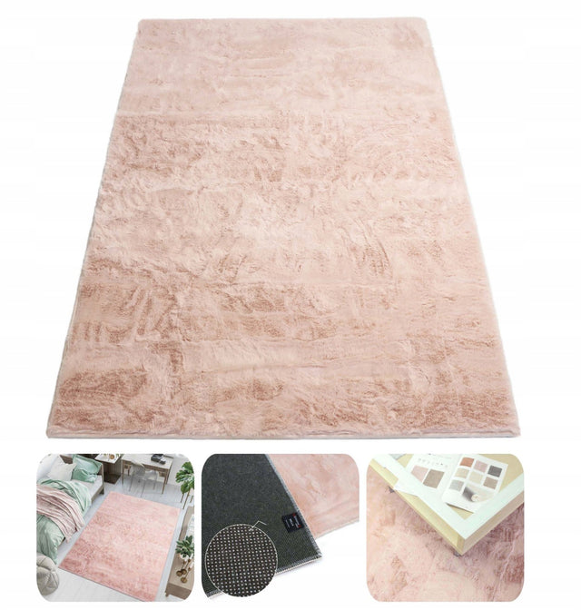 Dywan królicze futerko puszysty miękki futrzany do salonu 80x120 cm różowy prostokątny jednobarwny z poliestru, dekoracja podłogi