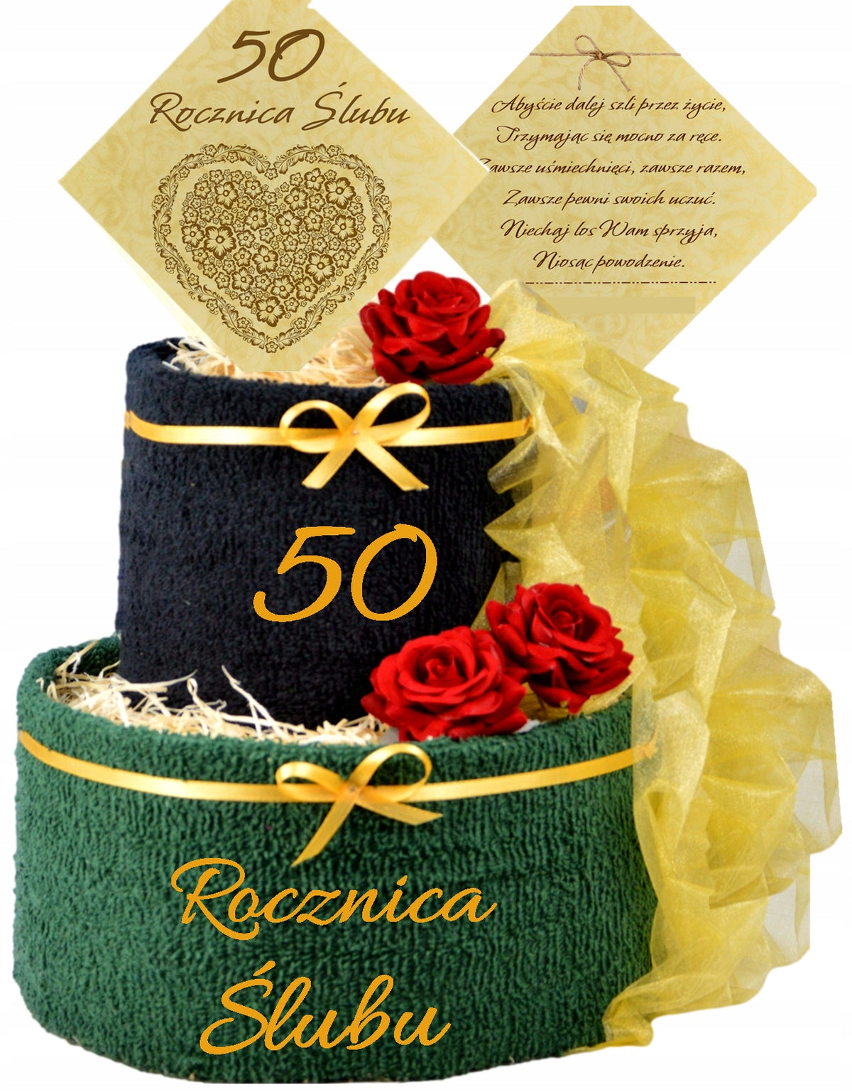 TORT Z RĘCZNIKÓW prezent na ROCZNICĘ ŚLUBU 10 20 30 40 45 50 60 ZŁOTY HAFT komplet łazienkowy 50x100 cm, gramatura