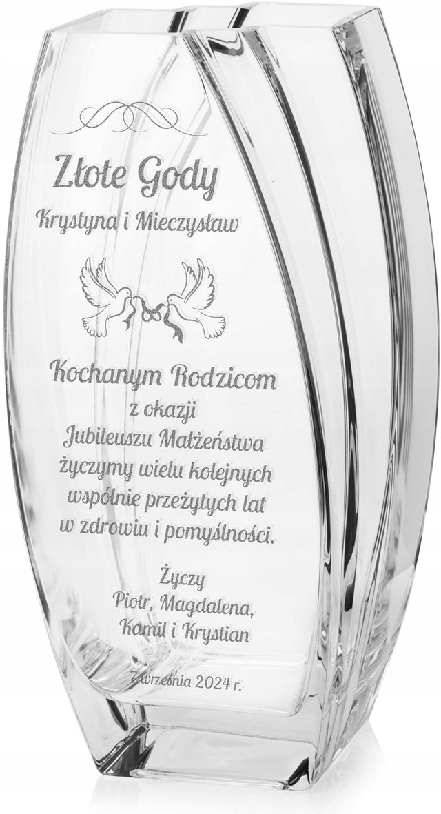 Wazon szklany z grawerem 32cm prezent na Urodziny Rocznicę Jubileusz Ślub flakon dekoracyjny, ozdoba stołu, bezbarwne szkło, średnica 16 cm