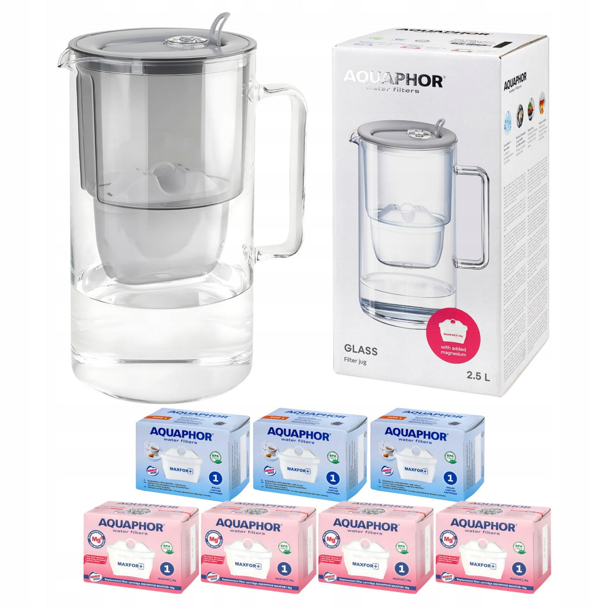 Dzbanek filtrujący szklany Aquaphor Glass Szary + 7 Wkładów Filtry Maxfor+ srebrny/szary