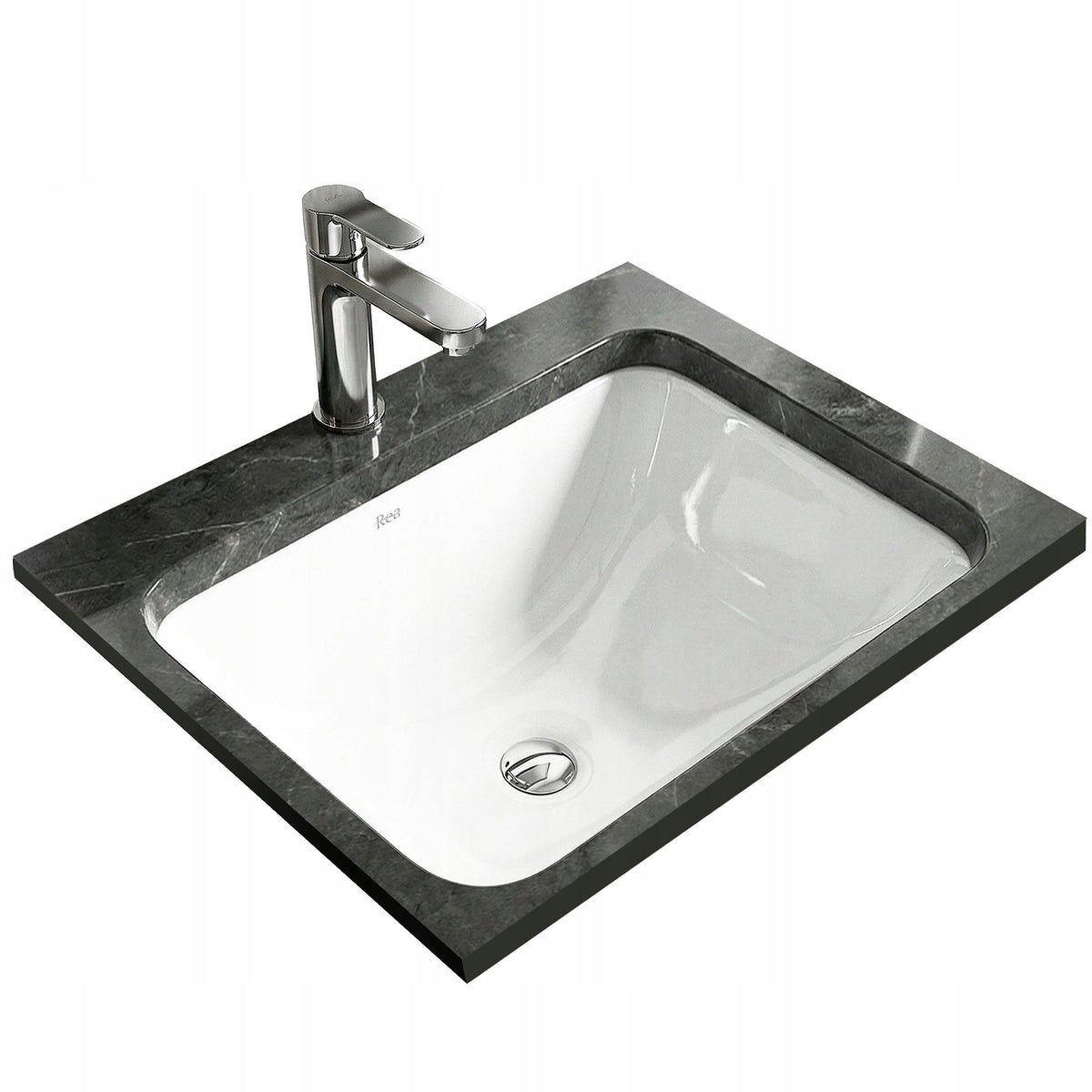 Umywalka podblatowa REA anabel 46cm z przelewem biała połysk prostokątna ceramiczna do łazienki, bez otworu na baterię