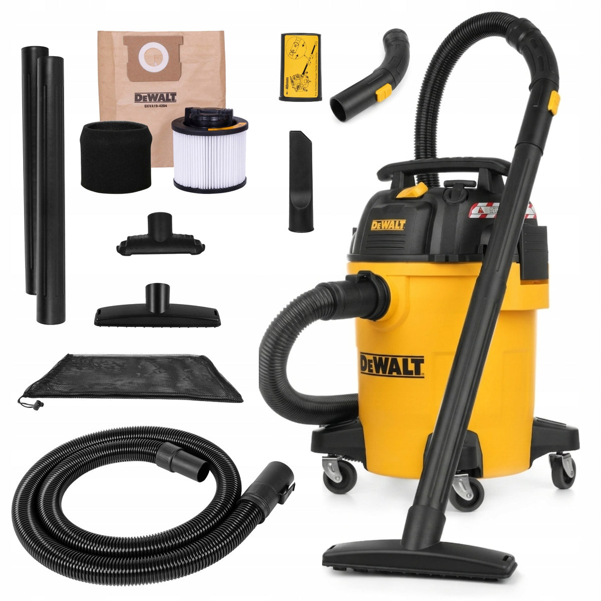 Dewalt odkurzacz przemysłowy z gniazdem 2450W 23l 48mm bezworkowy dmuchawa do warsztatu, zasilanie sieciowe, przepływ