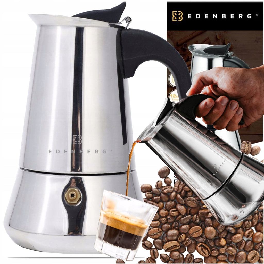 Kawiarka zaparzacz do kawy espresso 12 filiżanek 600 ml indukcja edenberg kafetiera moka, stalowa srebrna