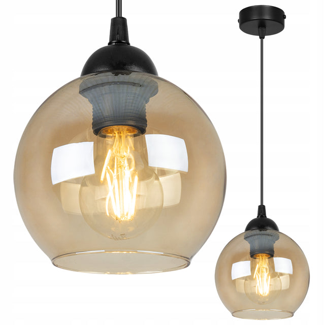 Lampa sufitowa wisząca żyrandol pojedyncza szklana kula do kuchni salonu oprawa oświetleniowa czarna, gwint E27, wysokość 90 cm, 60 w