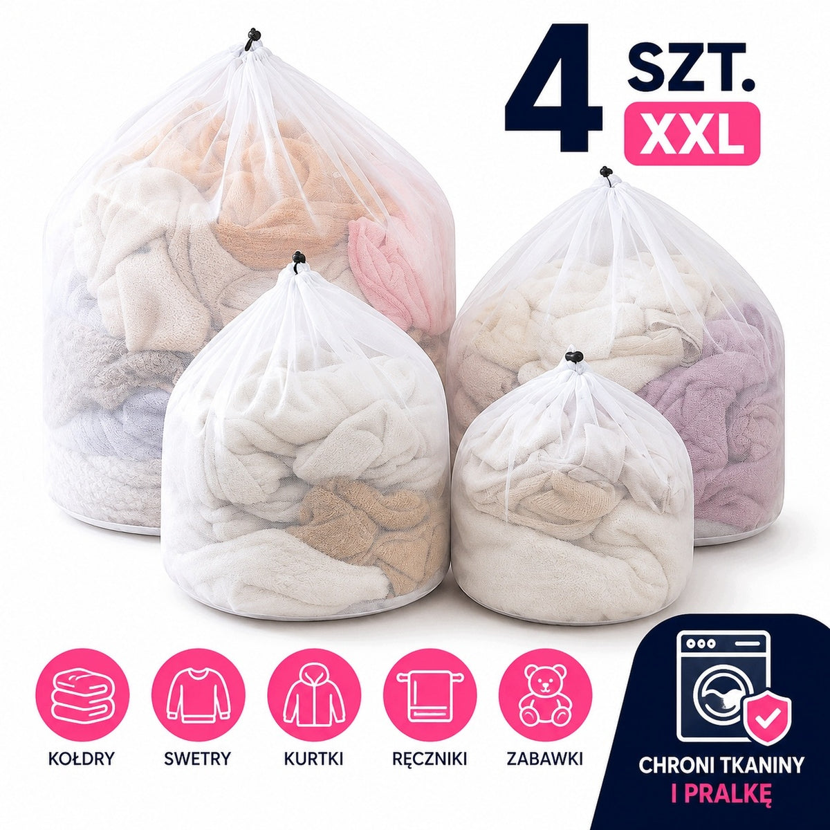 0002 Zestaw 4 worków do prania XXL mocna siatka ochronna na kołdry, pościel torby pralnicze, bielizna, pralka, 160 l