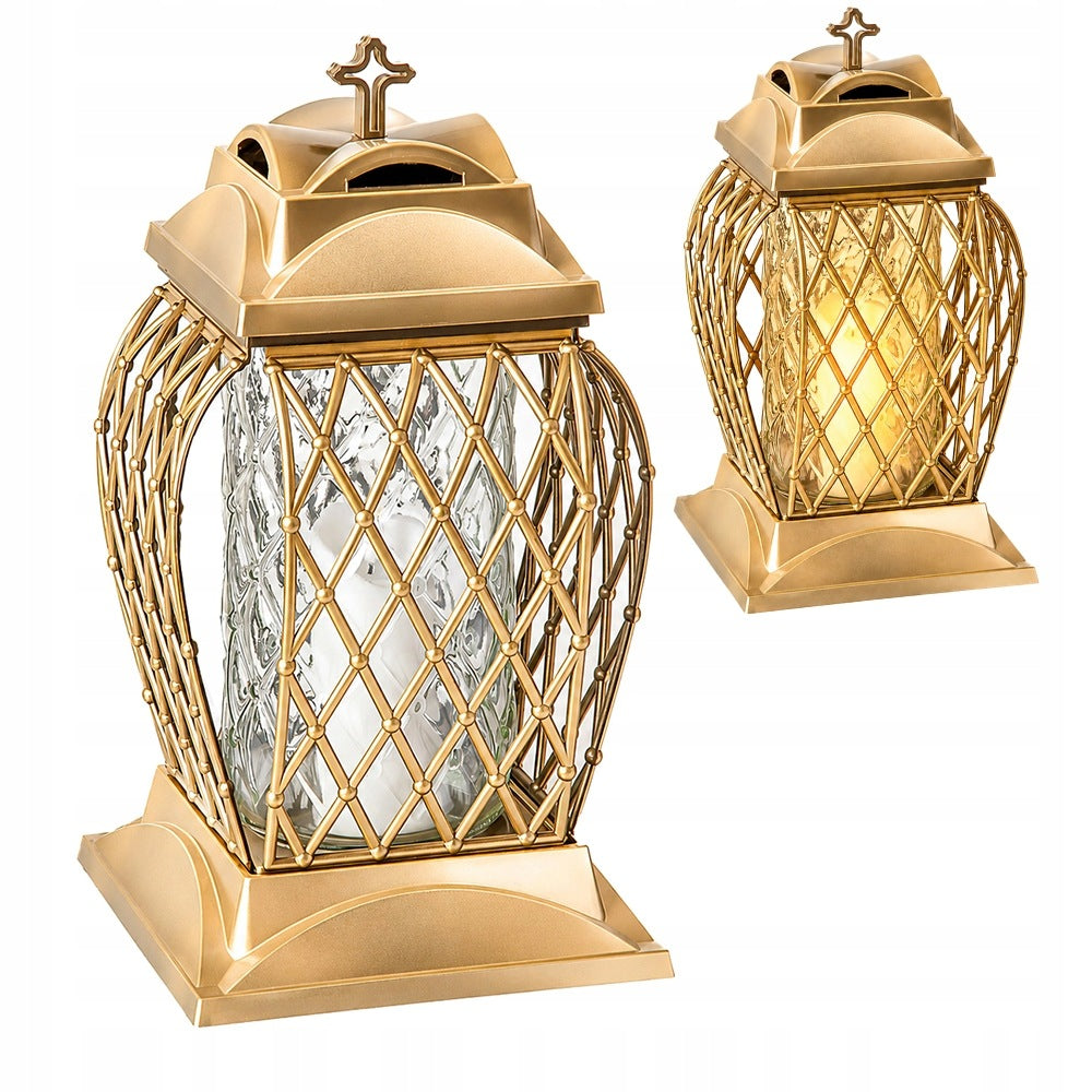 Znicz szklany duży lampion Ażurowy Złoty 33 cm na grób Wszystkich Świętych wkład LED, dekoracja nagrobna, oświetlenie