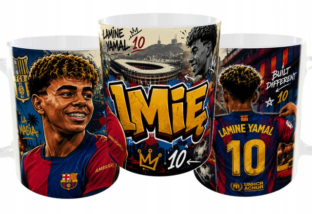 Kubek lamine yamal + twoje imię dla dziecka chłopca gadżet 330ml ceramiczny, personalizowany, do herbaty i kakao, można myć w zmywarce, na prezent