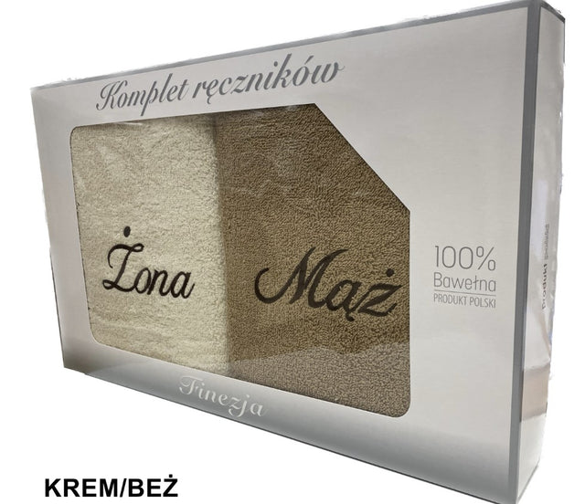 Komplet ręczników MĄŻ żona 2 szt. 70x140 prezent na ślub kąpielowe, do łazienki, gramatura 410–500 GSM, szaro-wielokolorowe ręczniki frotte dla pary