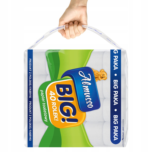 Papier toaletowy 3 warstwowy celuloza Almusso BIG 40 rolek biały 105 listków, bezzapachowy, do łazienki