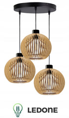LAMPA WISZĄCA SUFITOWA DREWNIANA ŻYRANDOL POTRÓJNA REGULOWANA 3 KLOSZE oprawa do kuchni salonu jadalni, 3x E27, do 60 W