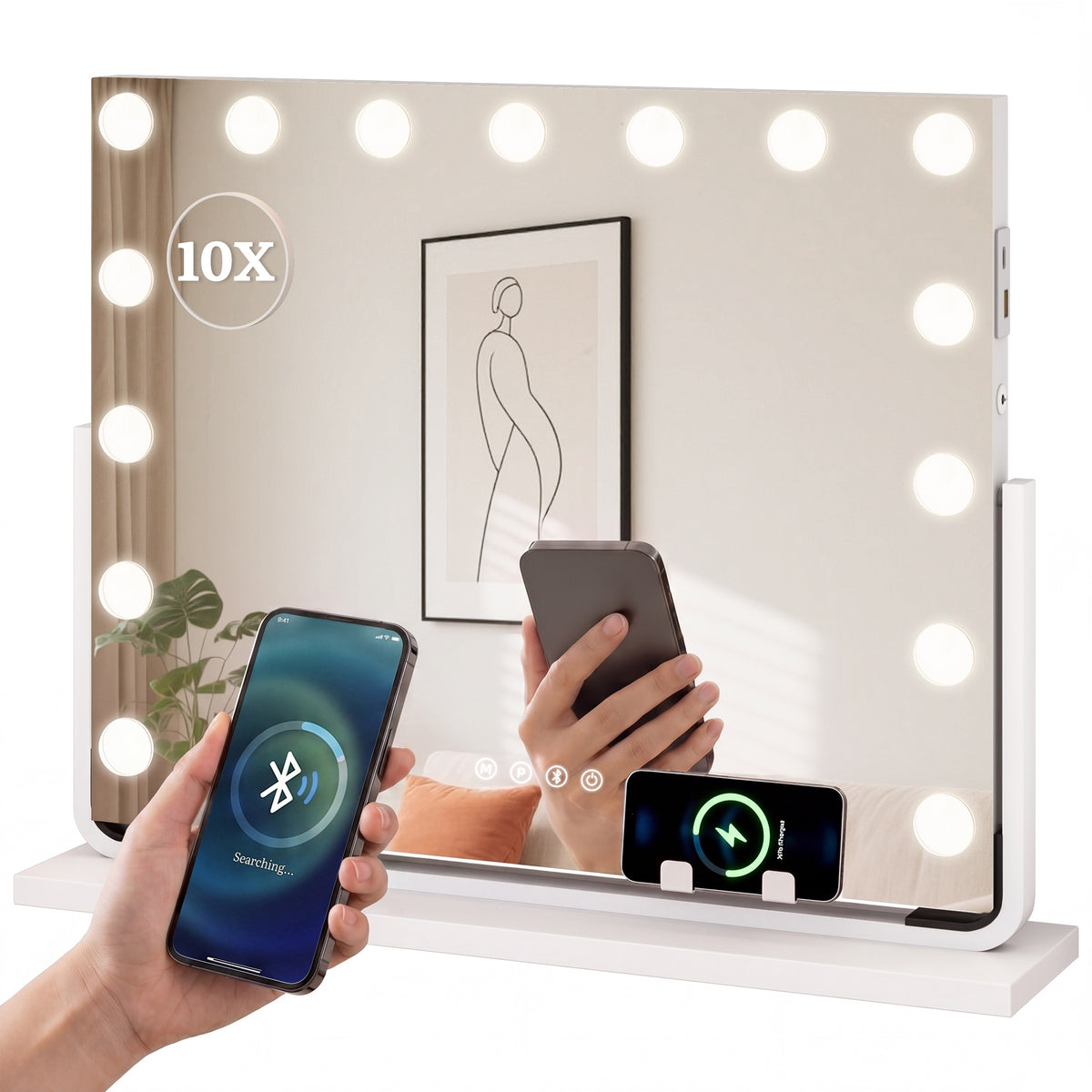 Lustro do makijażu 15LED Głośnik Bluetooth Lupa 10x Uchwyt na telefon 58x46cm 61 mm 50.5 mm