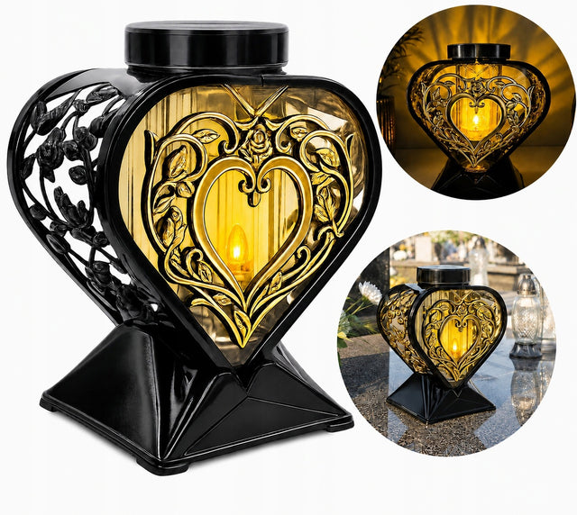 Znicz Solarny Fotowoltaiczny Led PIękne Serce Złoty Świeci Dzień i Noc A2 lampion nagrobny na cmentarz, ozdoba na grób, wysokość 27,2 cm
