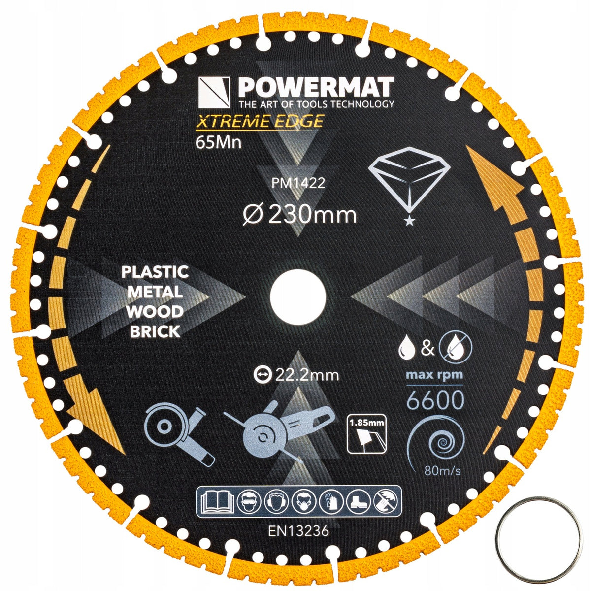 Tarcza diamentowa Powermat 230 mm uniwersalna 22,2 mm tnąca do betonu, cegły, drewna, kamienia, metalu, PCV, stali i