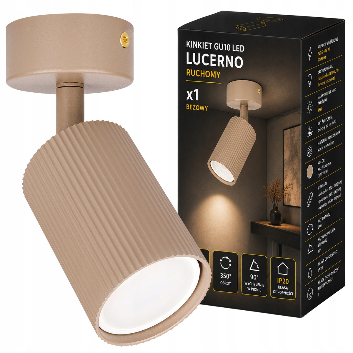 LAMPA SUFITOWA GU10 LED wisząca żyrandol kinkiet Beżowa Kaszmir ryflowana oprawa punktowa cylindryczna maks. 35 W